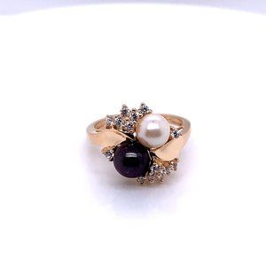14K Yellow Gold Black and White Pearl Diamond Cocktail Ring